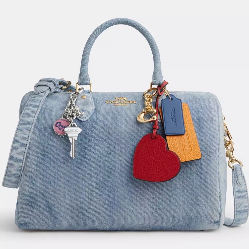 Coach Light Blue Denim Satchel with Red Heart Charm and Yellow/Blue Tags